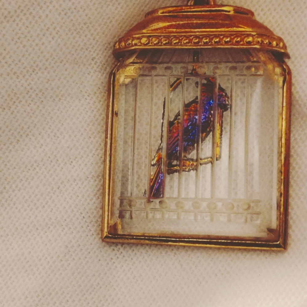 Vintage Colorful bird in a cage necklace